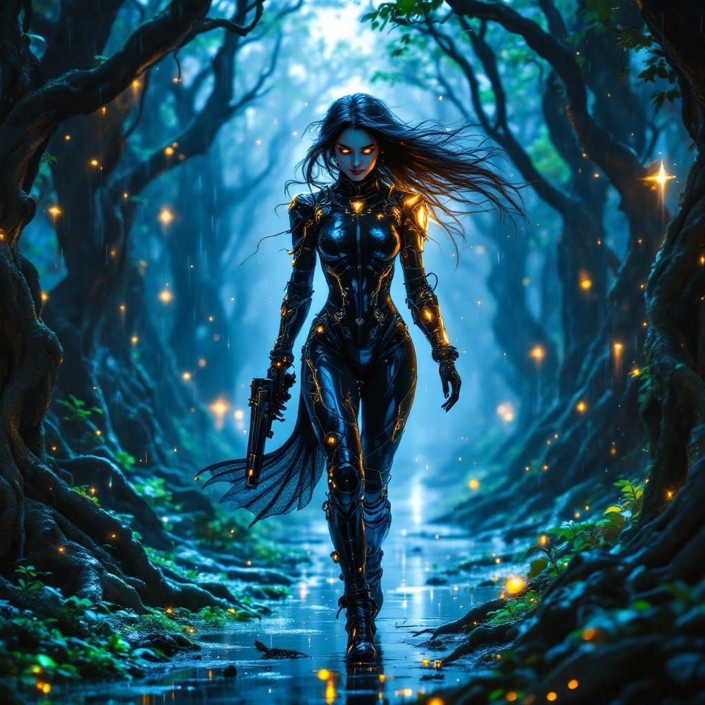 Cyberpunk Fairy Amidst Neon Rainstorm