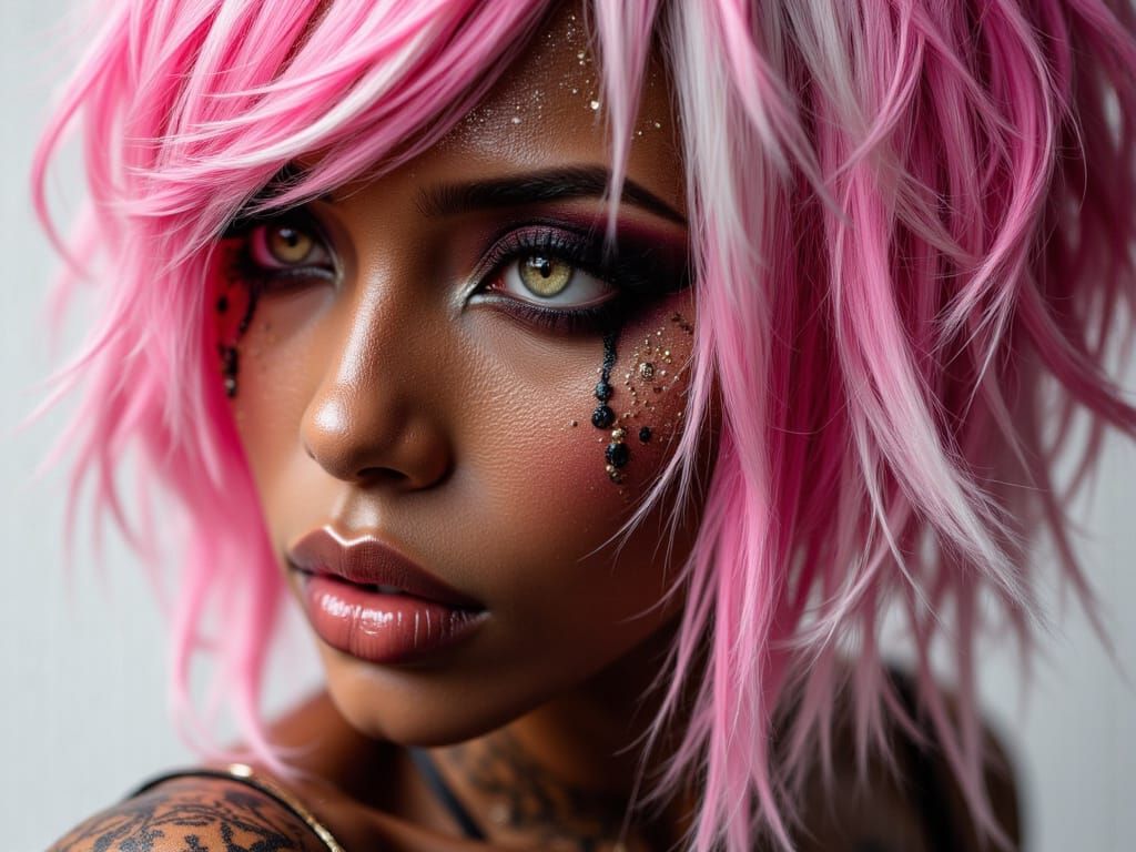 Realistic Idol with Pink-White Hair and Neon Eyes