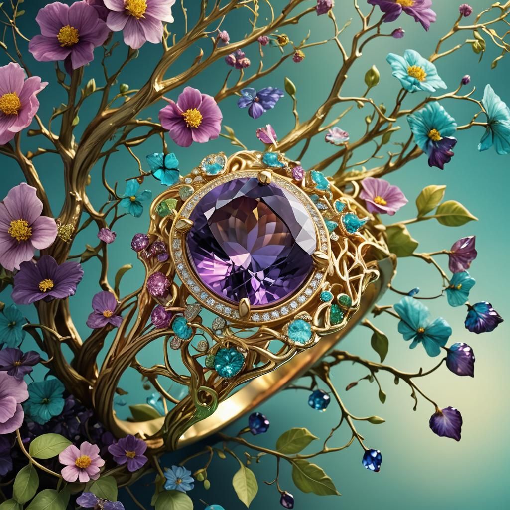 Golden Ring with Amethyst in Floral Nature Scene