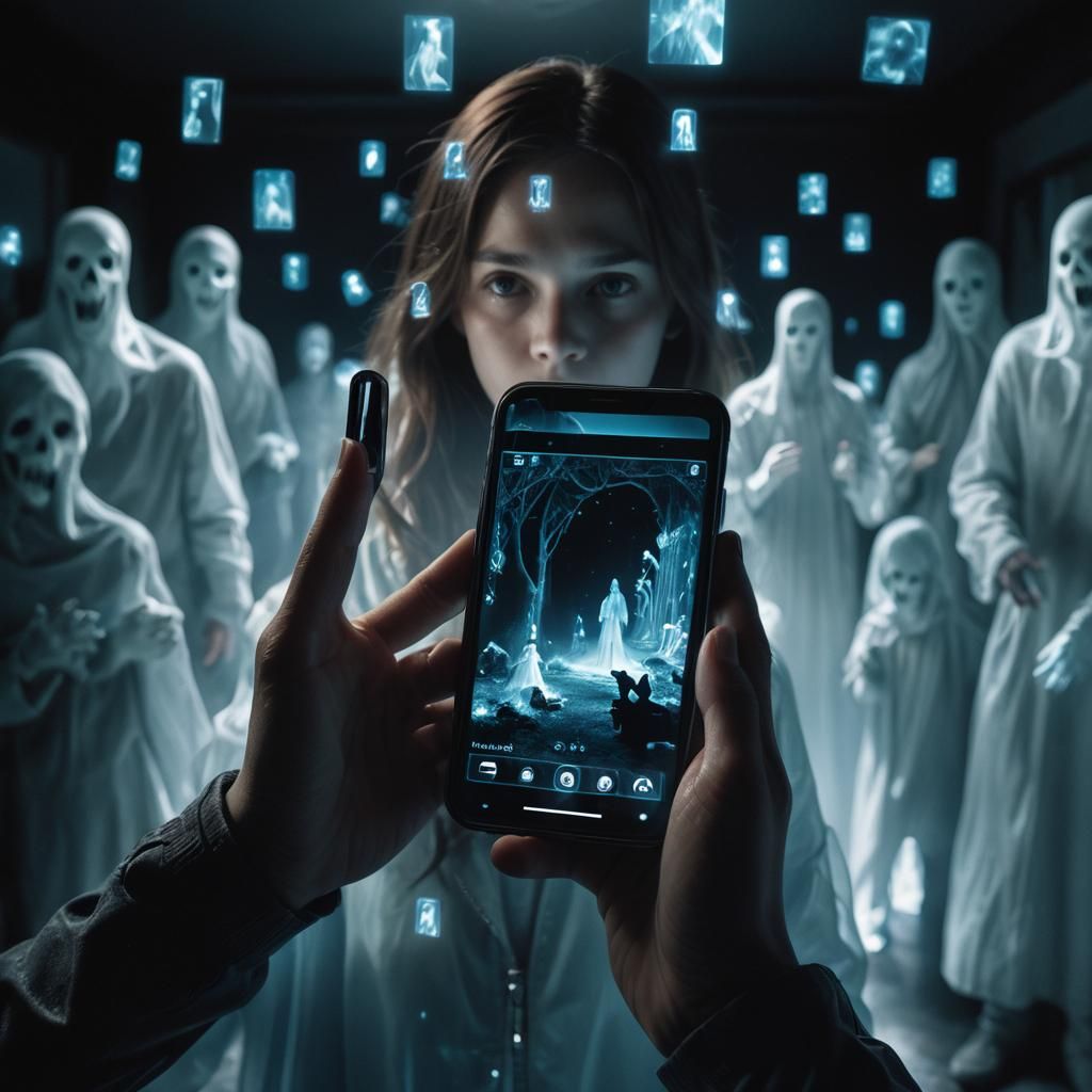 Photorealistic Image, A person holding a smartphone in a dar...