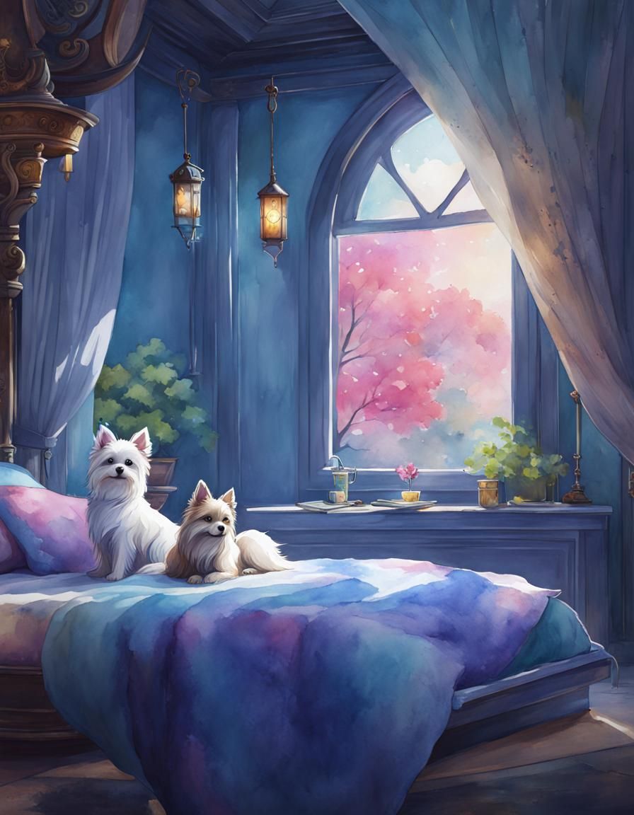Watercolor Painting of Two Fantasy Dogs