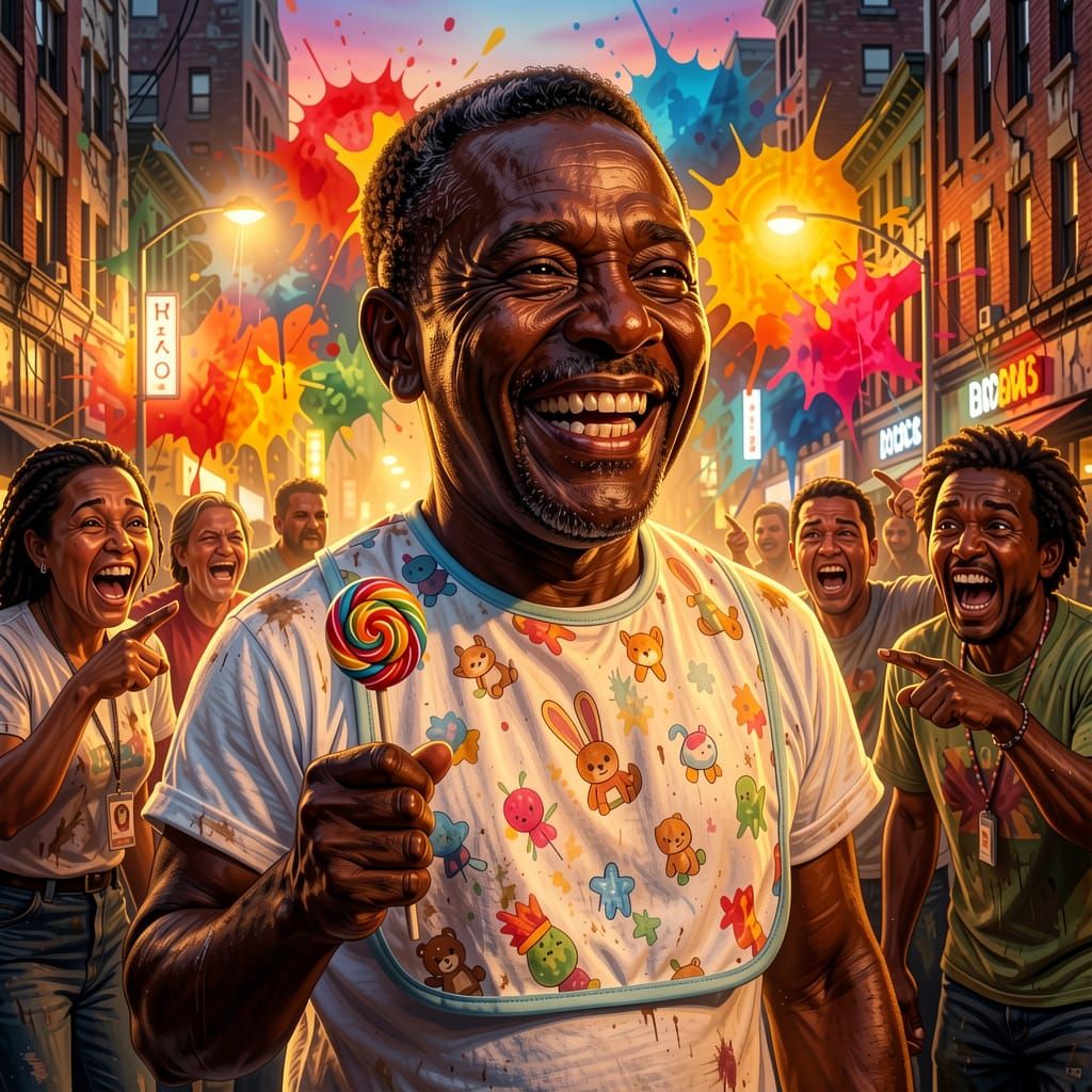 Man in Baby Clothes Smiles Amidst City Chaos