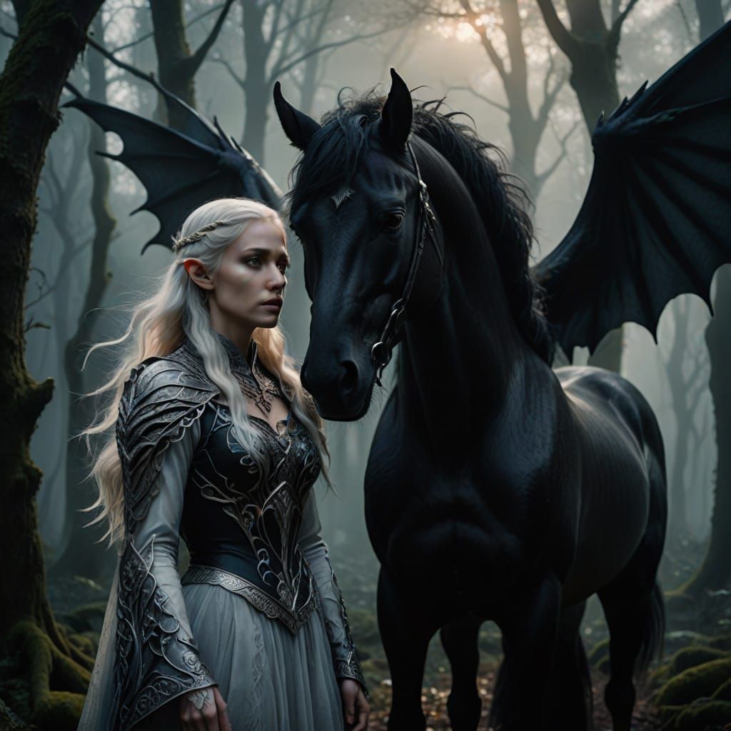 Elven Woman with Dragon Wings in Misty Forest