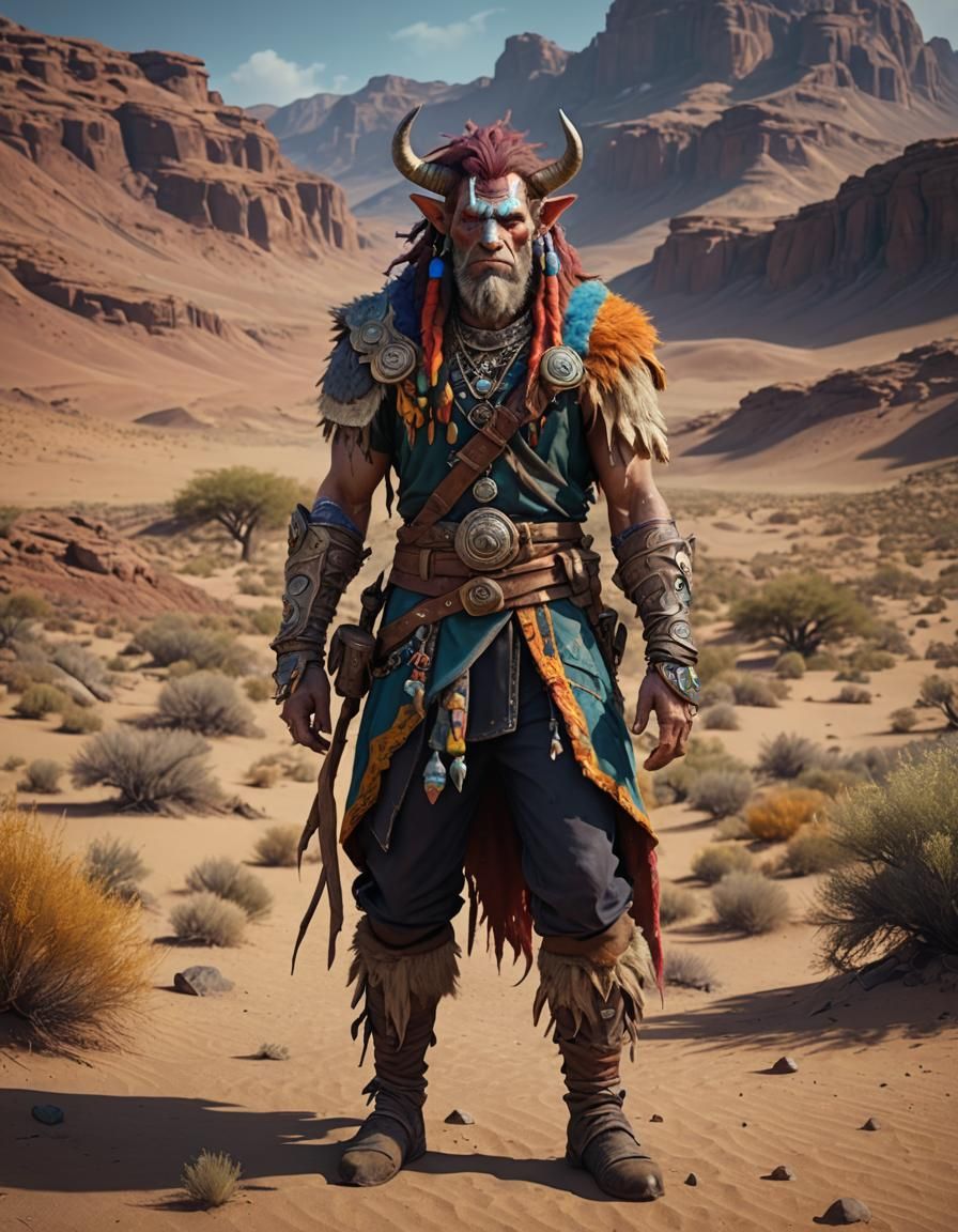 Colorful Firbolg Hippie in Desert Landscape