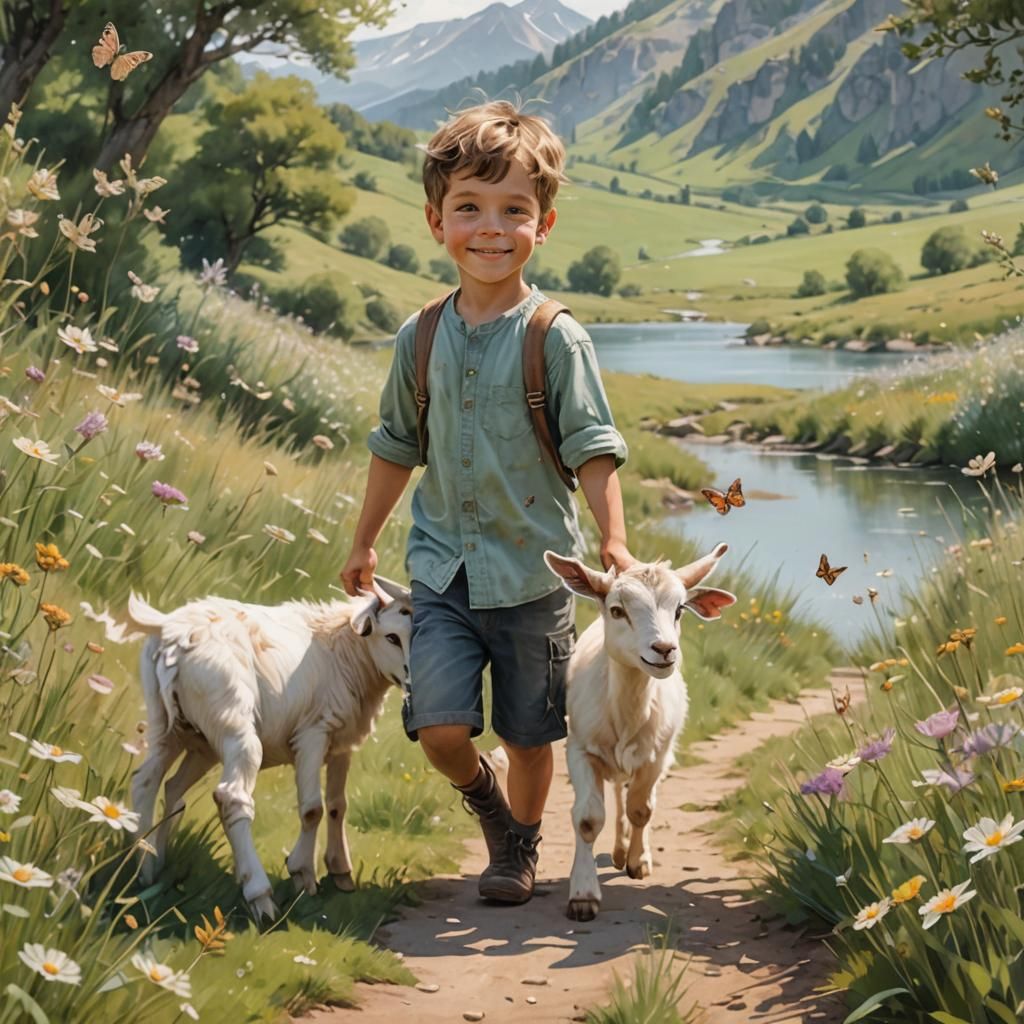 Little Boy and Goat in Meadow: Watercolor Art