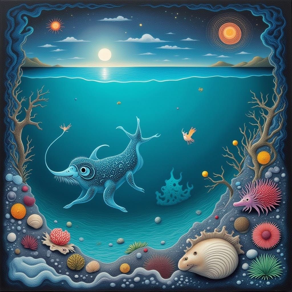 <lora:SQUIGGLE SEA:1.0> <lora:MOONMOTH SONG:1.0> <lora:BLACK BEACH:1.0> <lora:Archetypal Images:1.0> A surreal painting ...