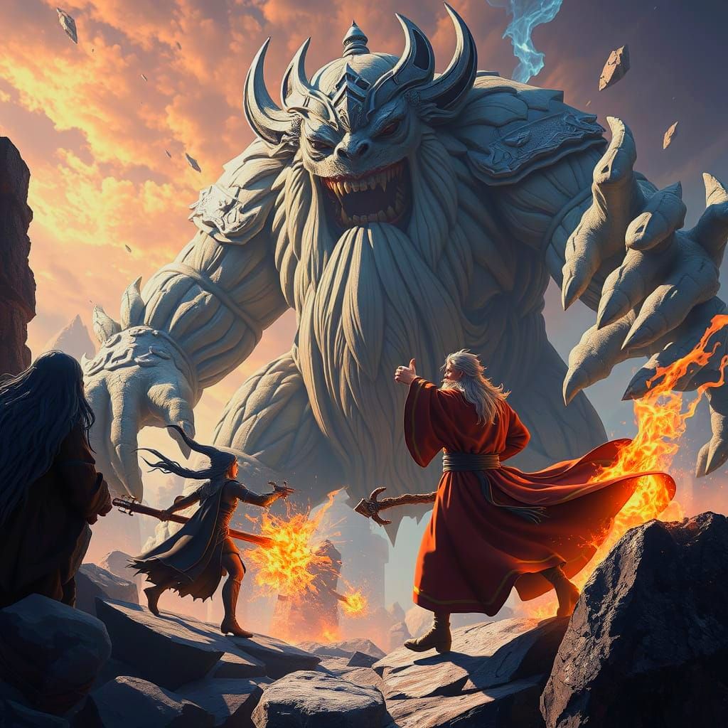 Epic Wizard Battles a Giant in 3D Anime Style