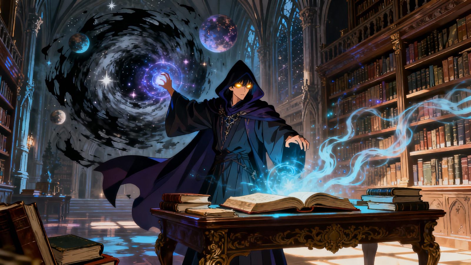 Warlock Conjures Shadow Vortex in Gothic Library