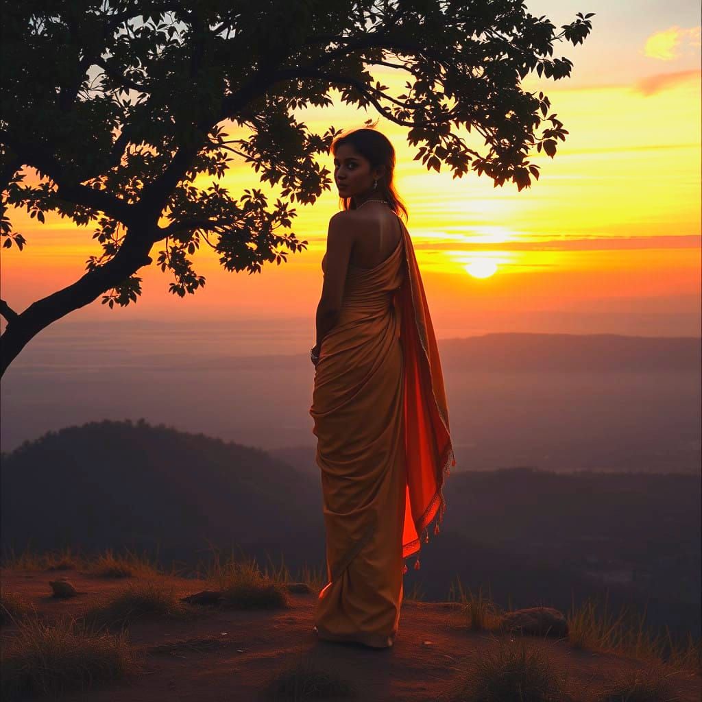Serene East Indian Goddess Embracing Sunset Splendor in Eleg...