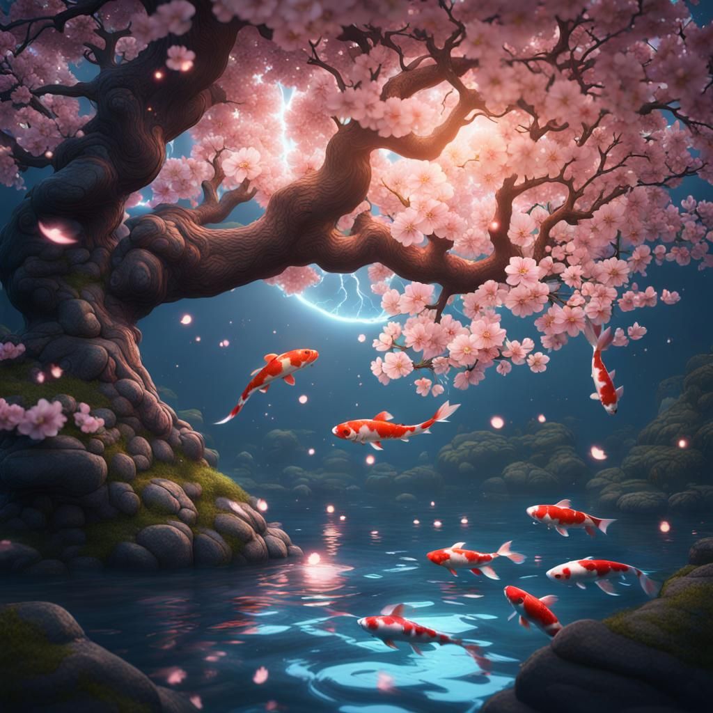 Koi and Cherry Blossoms with Lightning in Fantasy Art