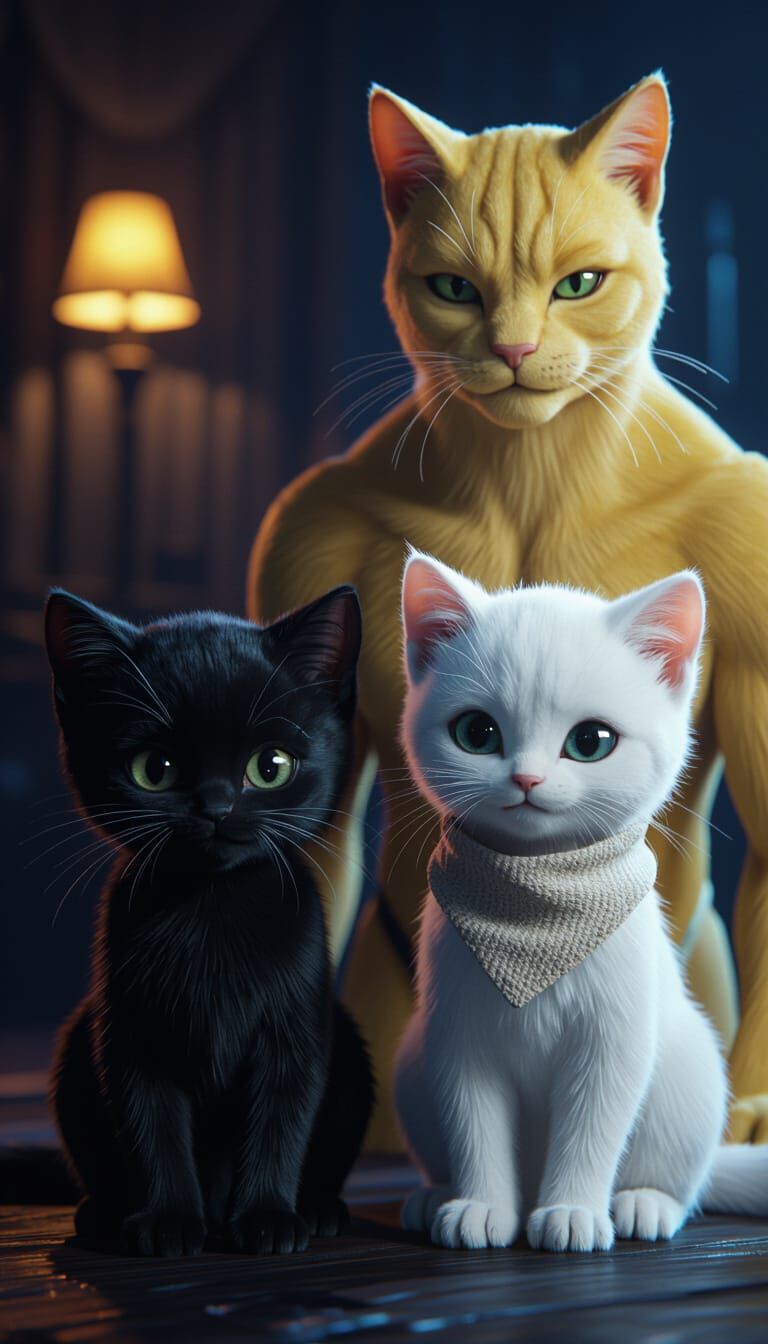 Humanoid Cat Family in Cinematic Dim Room