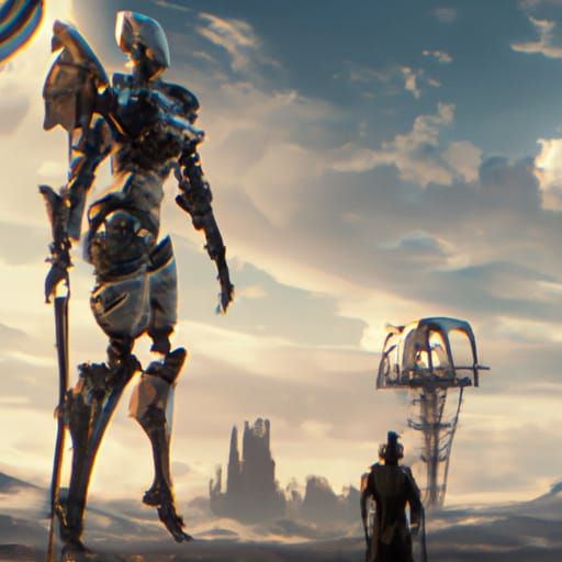 Humanoid Robot with Frame Tower: Digital Matte Painting