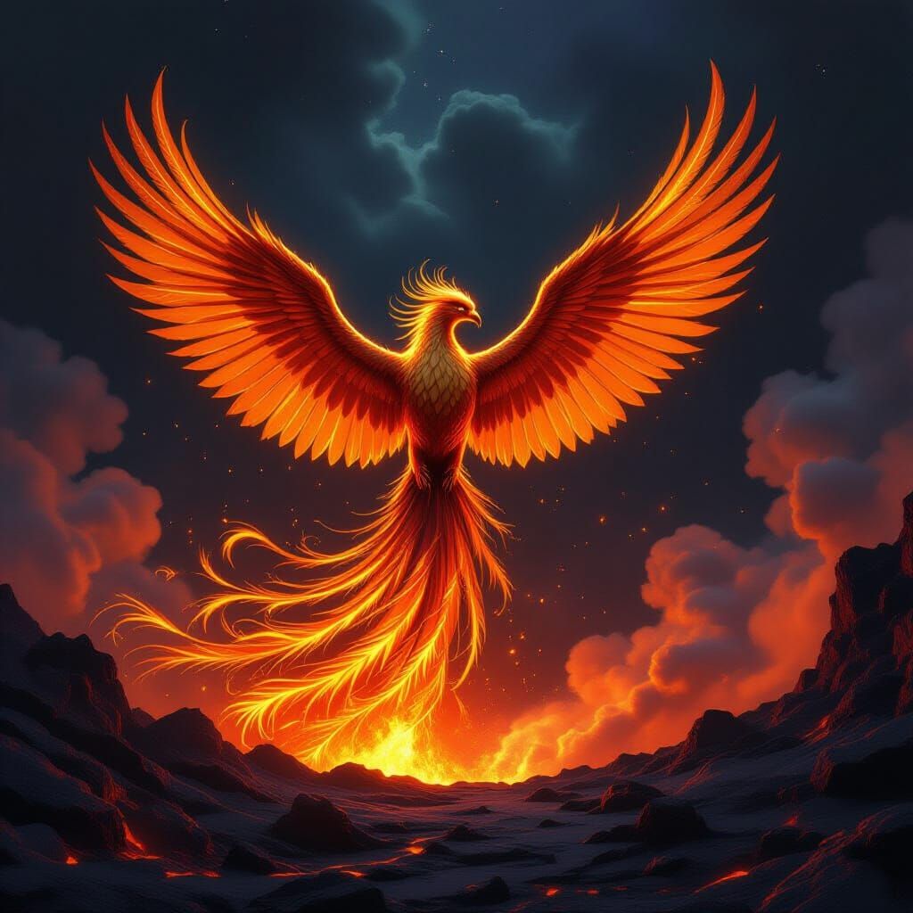 Golden Phoenix Rises From Volcanic Caldera in Epic Fantasy A...
