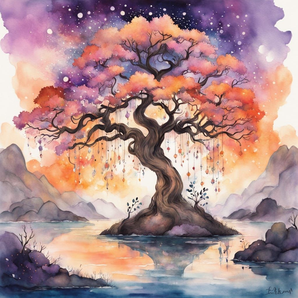 Enchanting Sunset Scene with Ancient Tree and Whimsical Elem...