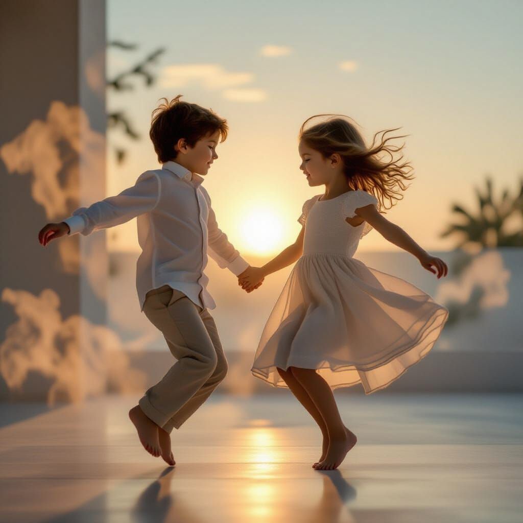 Boy and Girl Twirling in Mystical Realism Style