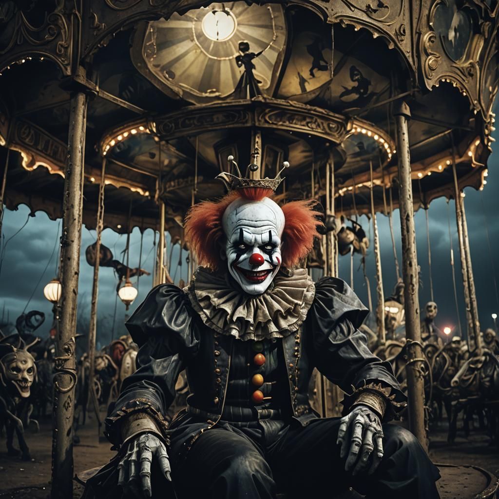 Gothic Clown on Haunted Carousel in Dark Surrealism Style