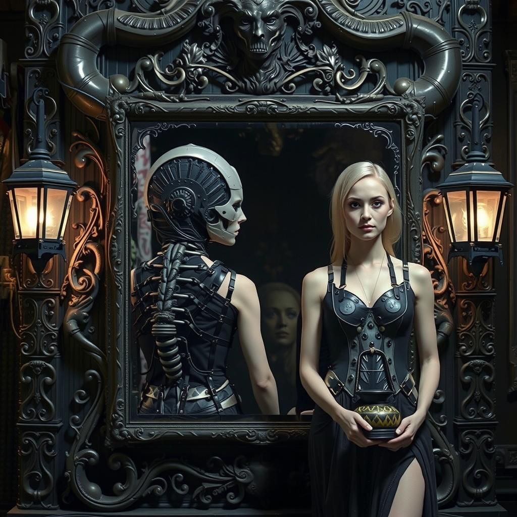 Elegant Woman with Biomechanical Exoskeleton in Giger Style