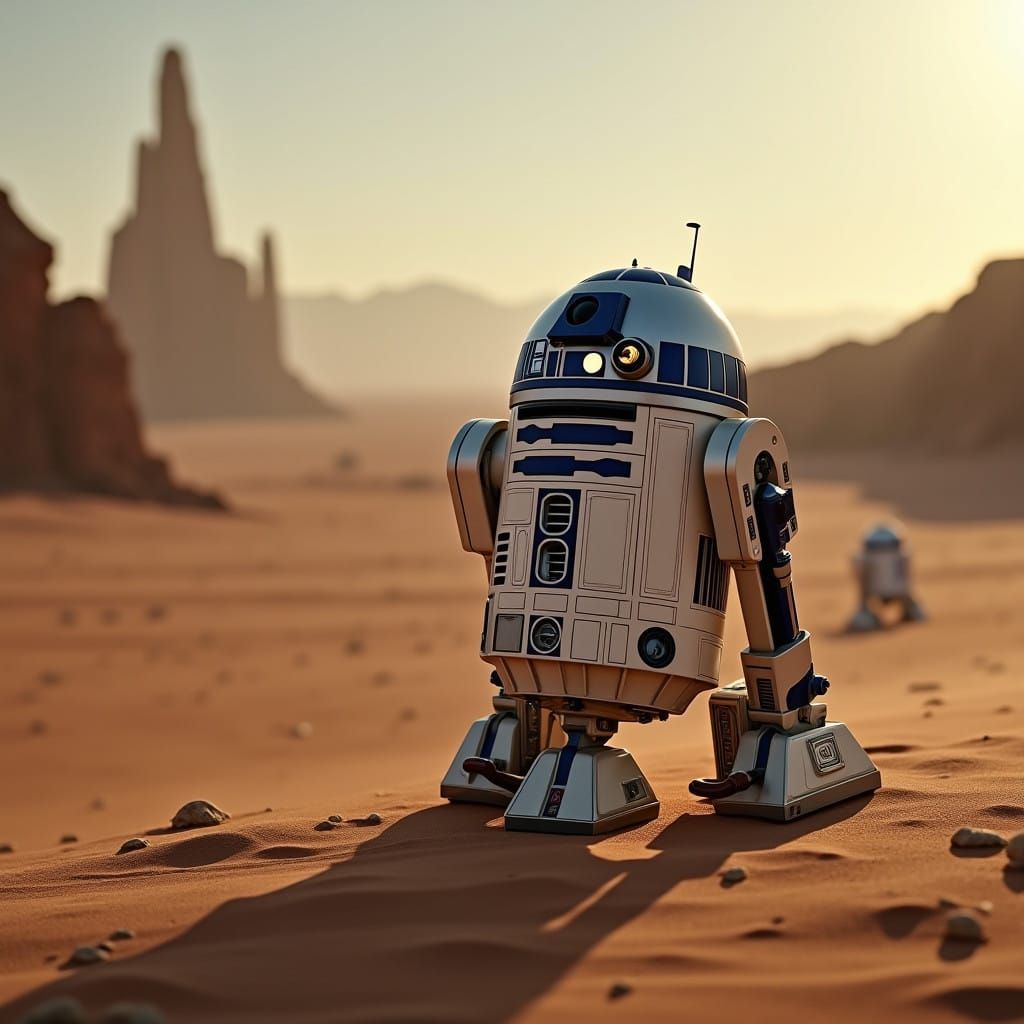 R2-D2 on Alien Desert Landscape in Cyberpunk Aesthetic