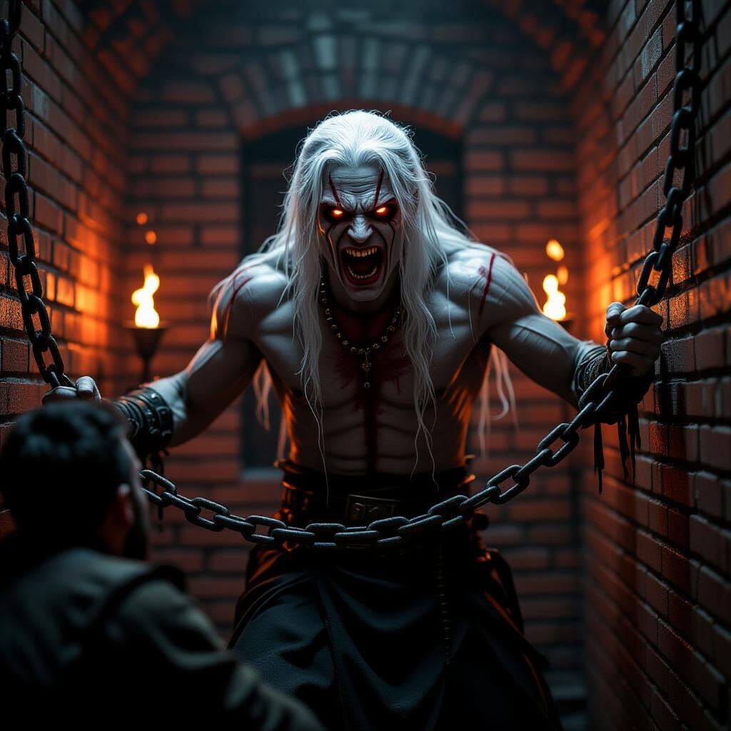 Immortal Deity Breaking Chains in Torchlit Cell