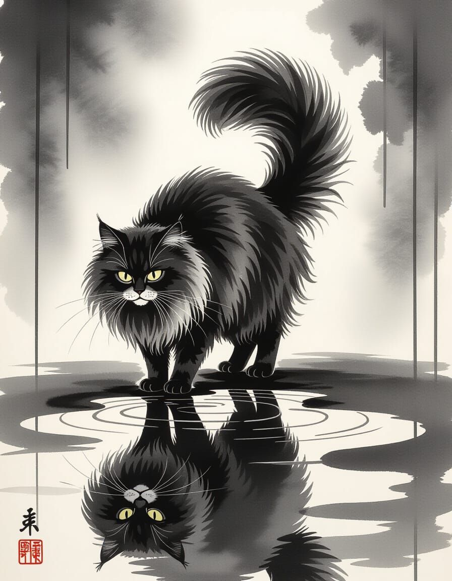 Dramatic Ink Wash Cat in Dark Puddle