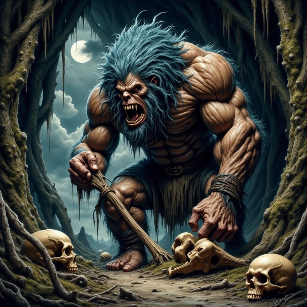 Colossal Troll in Dark Fantasy Scene with Ethereal Moonlight