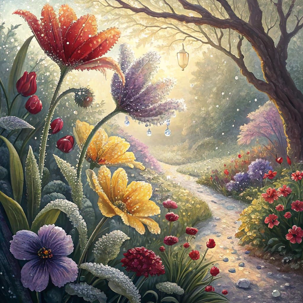 Whimsical Flower Garden in Watercolor and Salt Crystal Style