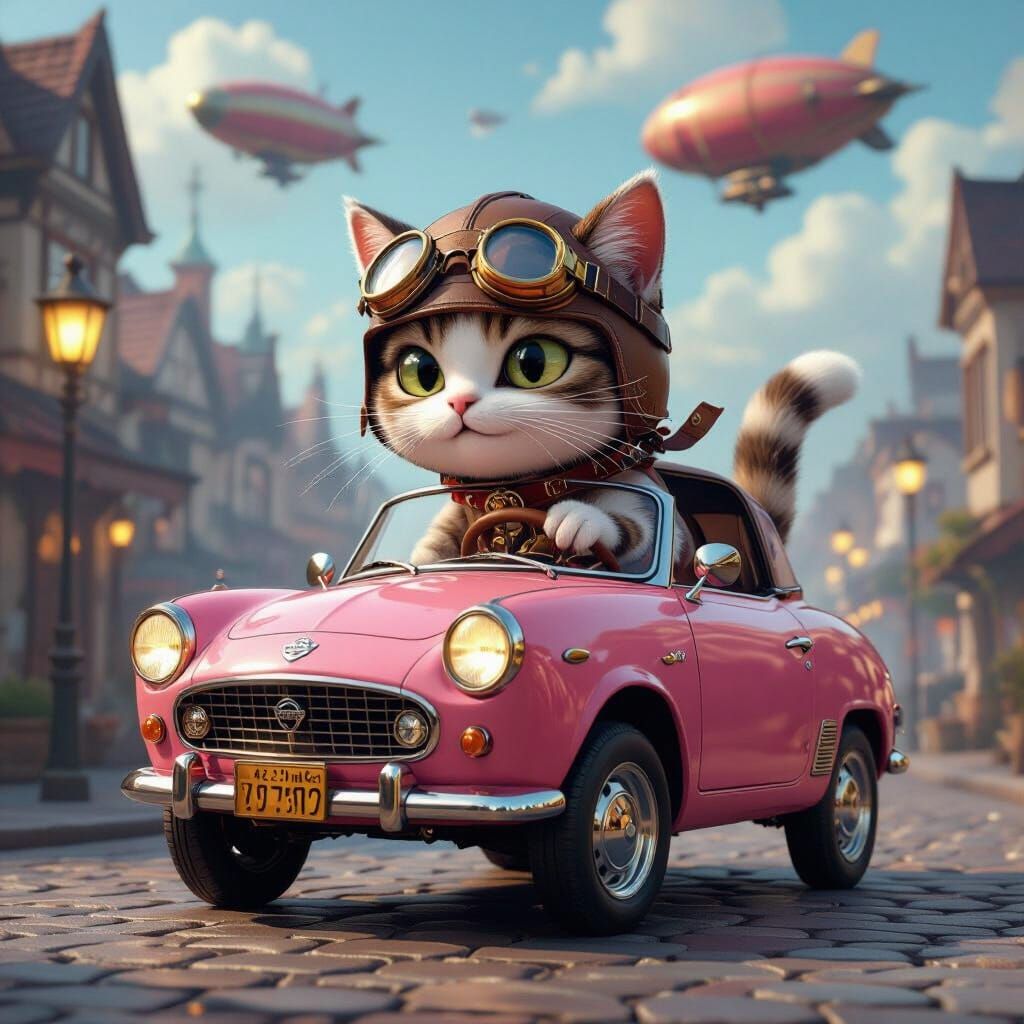 Steampunk Cat Drives Pink Nissan Figaro in Victorian City