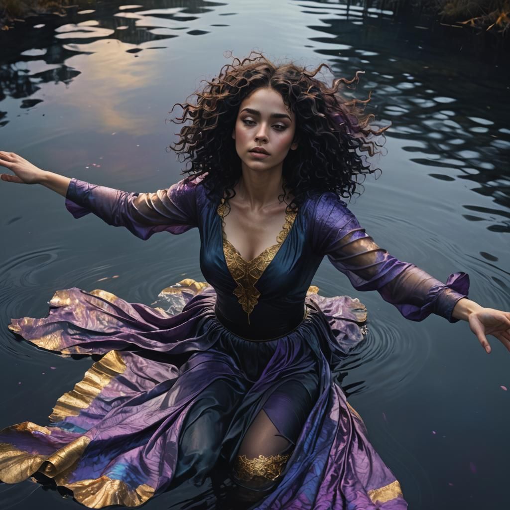 Eerie Girl Sinking in Black Lake: Dark Fantasy Art