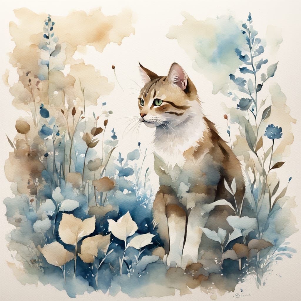 Watercolor Cat in Cold Garden