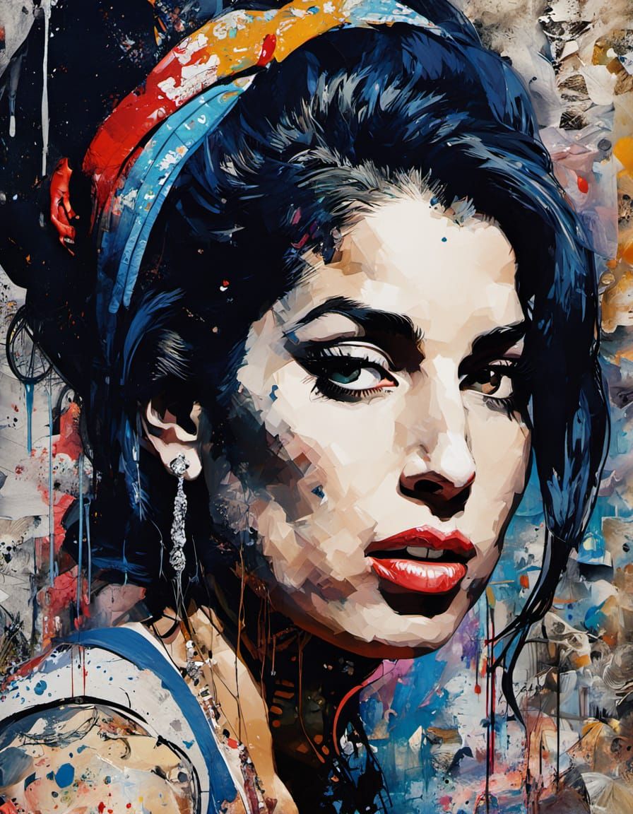 Amy Winehouse Portrait in Street Art Style with Abstract Ele...