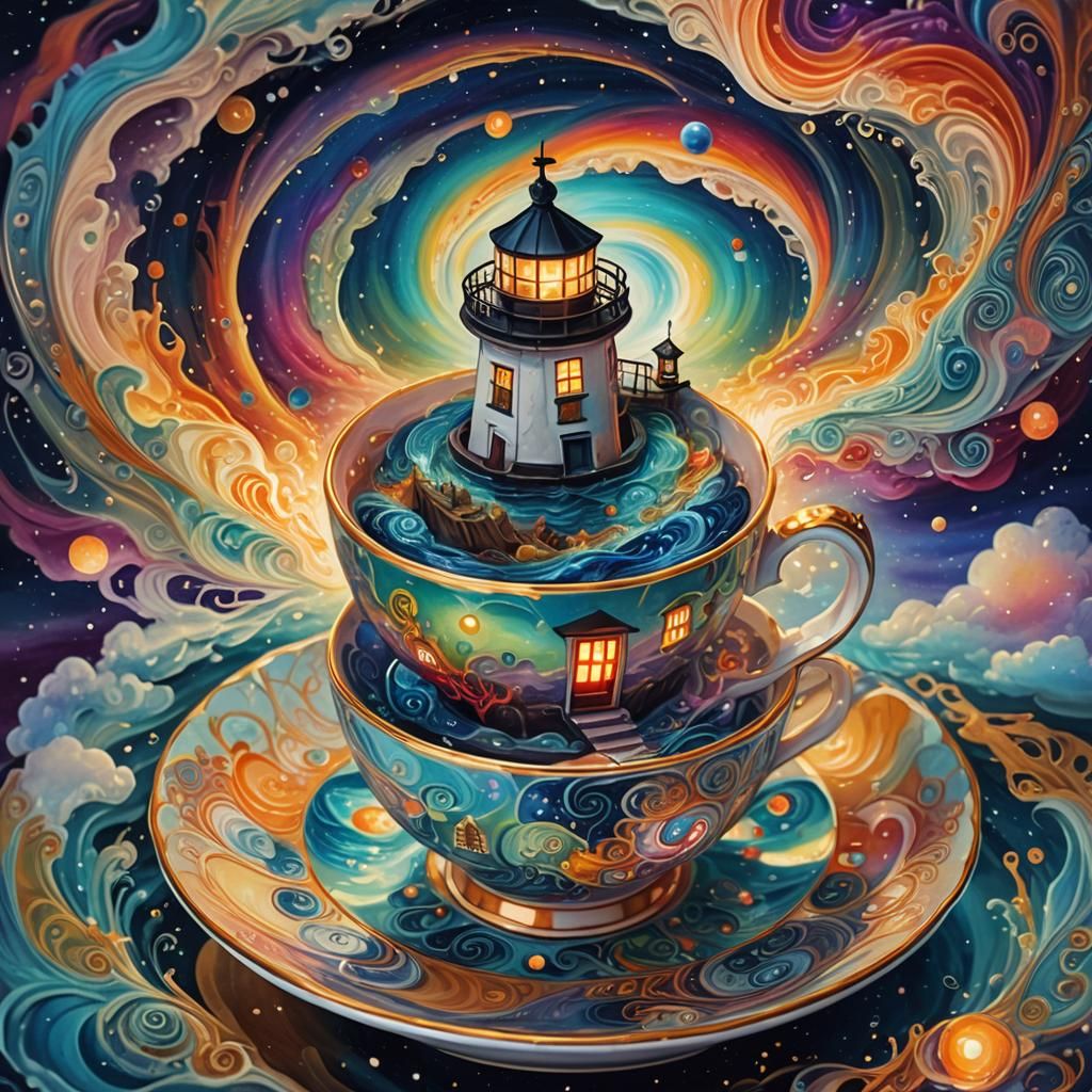 Lighthouse in Teacup: Surreal Mixed Media Art