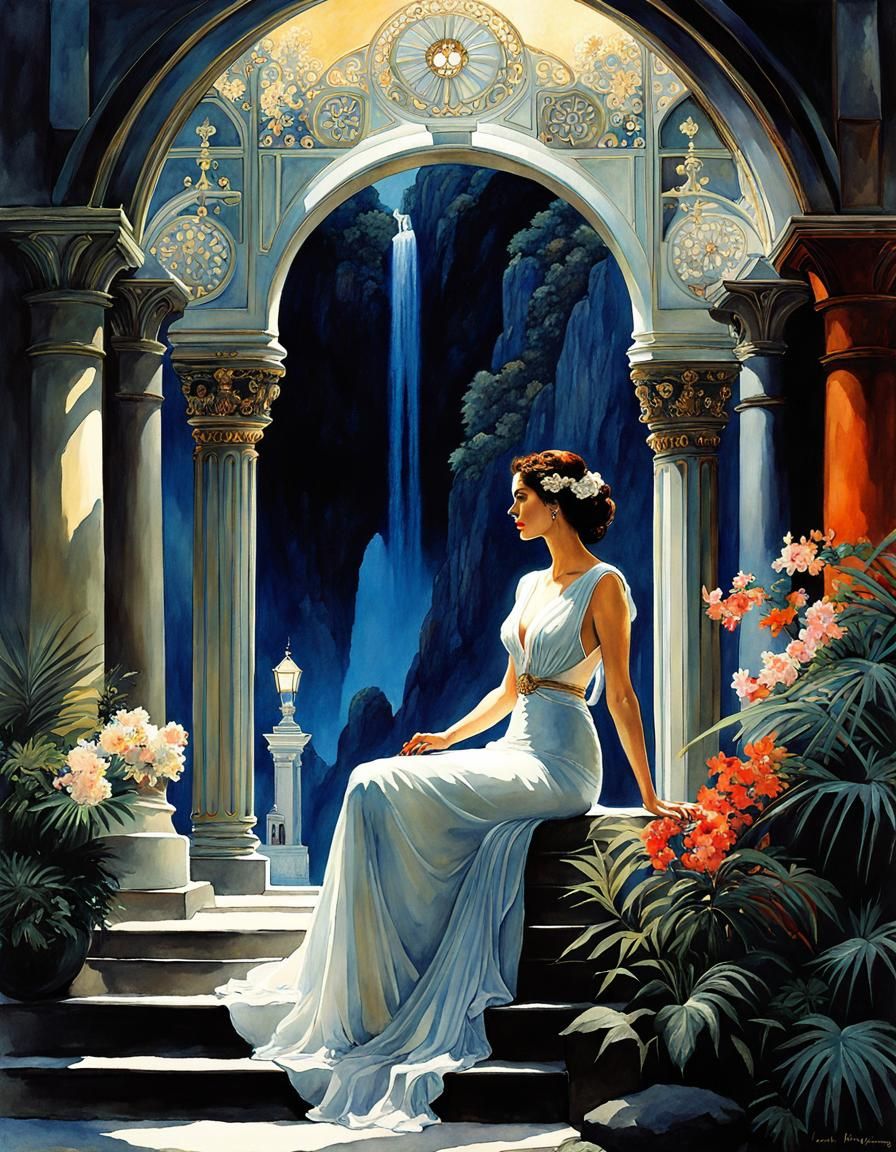 Romantic Woman in Italy: Art Deco Watercolor