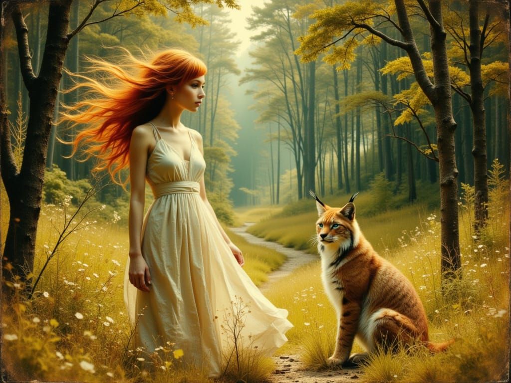 Woman and Lynx in Sunlit Forest Clearing