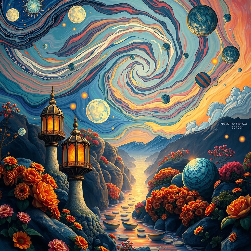 Ethereal Nocturnal Realm: Art Nouveau and Futuristic Element...