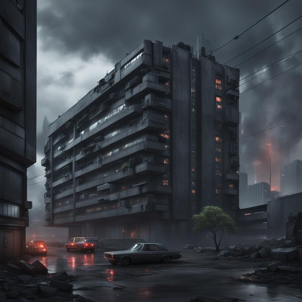 Cyberpunk Brutalist Building in Office Park, Matte Painting
