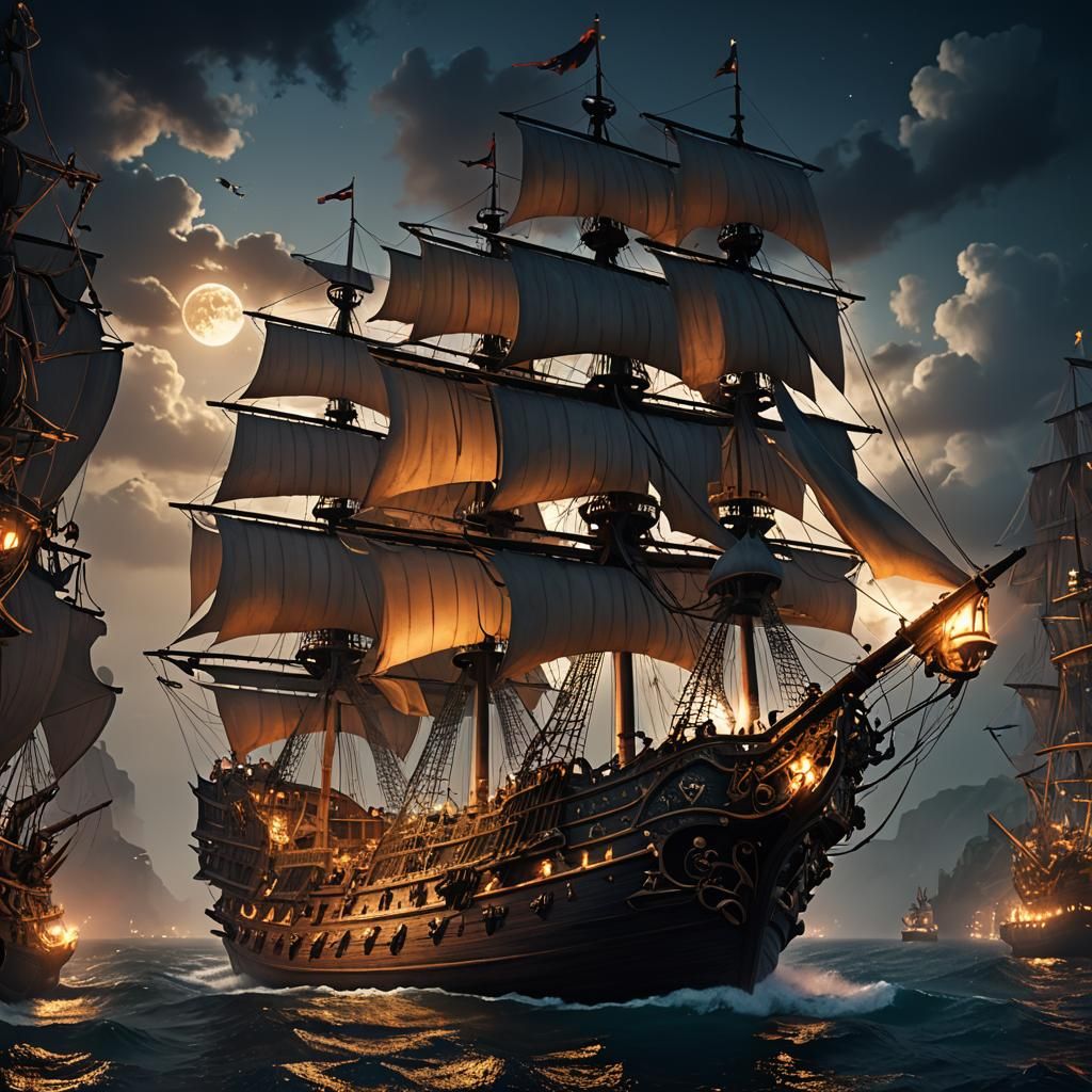 Night Sailing Pirate Ship Fantasy Concept Art
