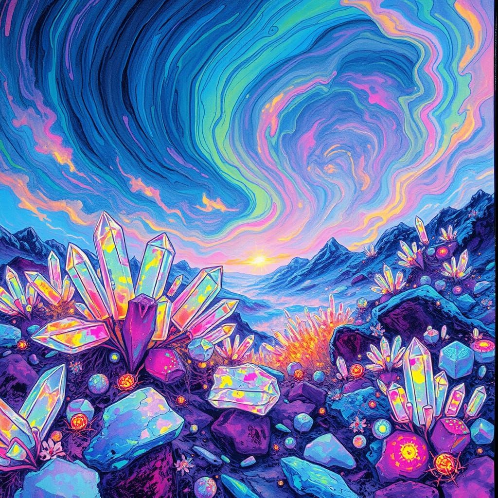Iridescent Alien Landscape with Opalescent Crystals