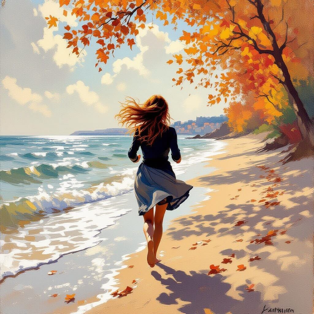 Young Woman Running on Autumn Shoreline in Impressionist Sty...