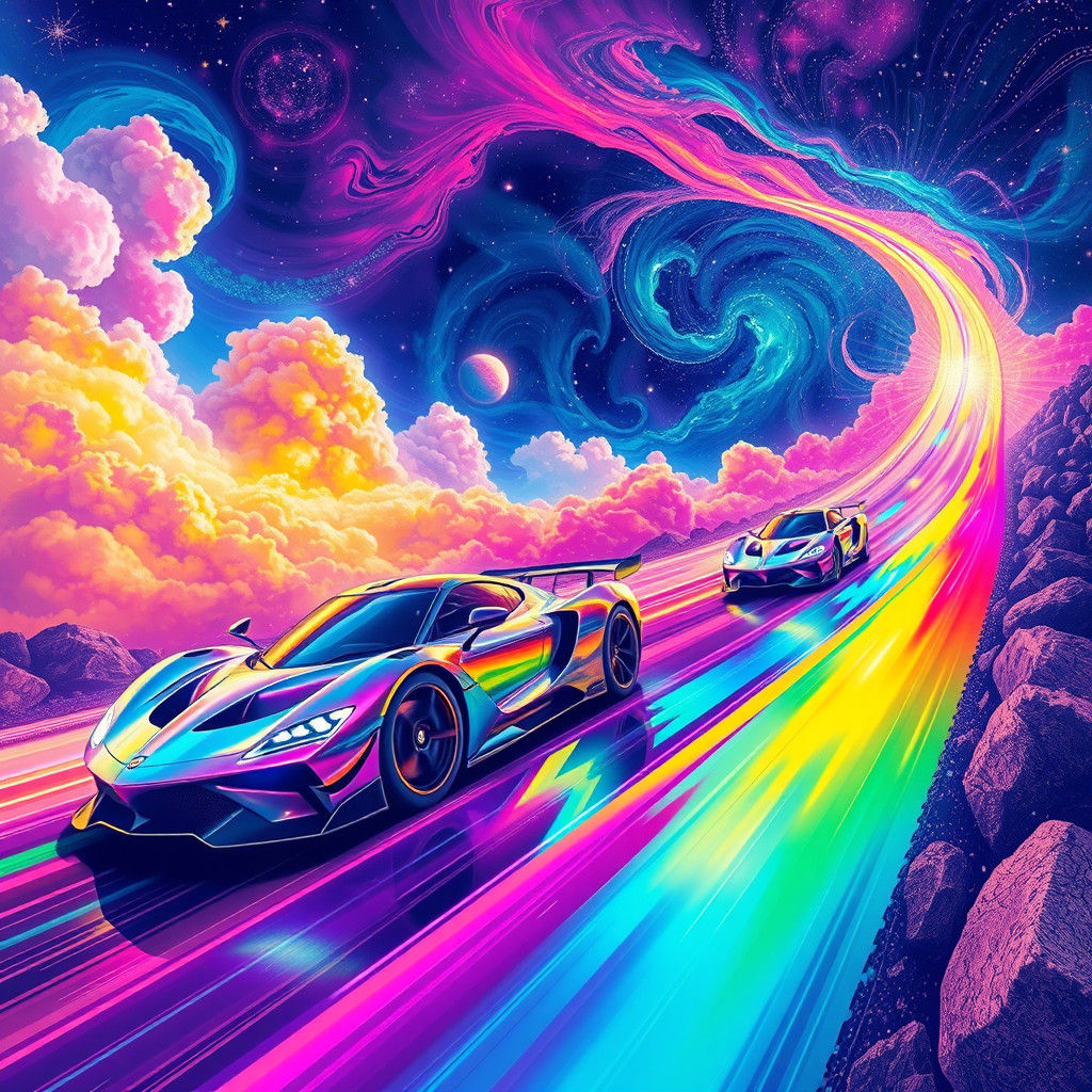 Racing Cars on Rainbow Road in Cosmic Setting