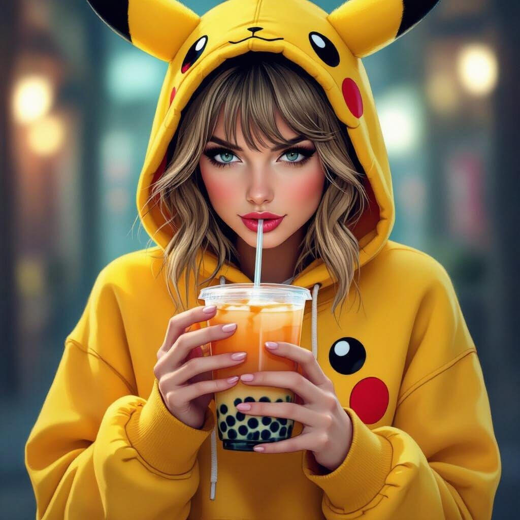 Taylor Swift in Pikachu Hoodie with Boba Tea