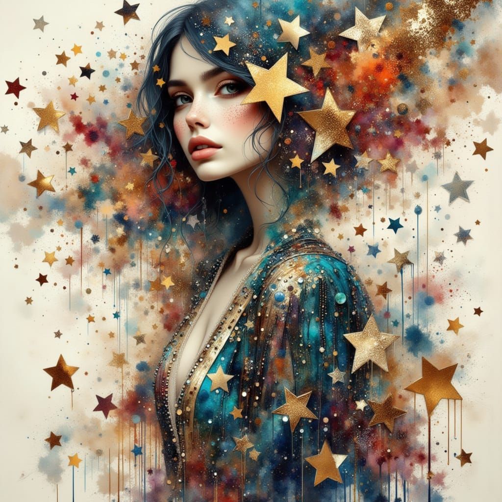 Woman in Sequined Jacket with Glittering Ink Splashes