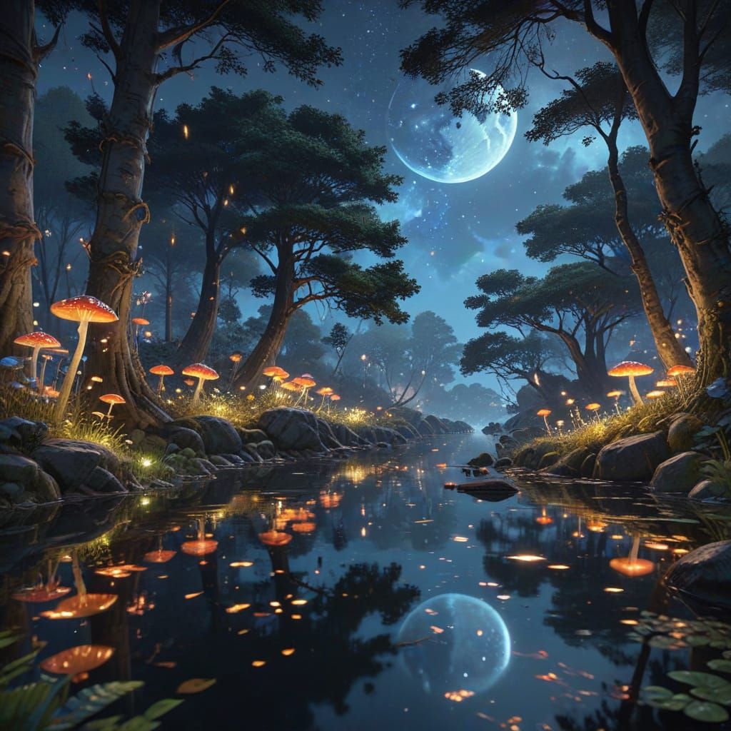 Ethereal Lake Scene with Fireflies and Glowing Mushrooms