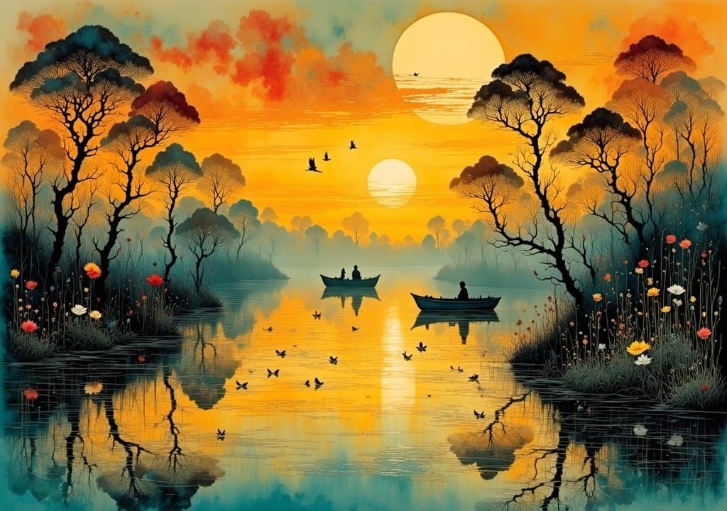 Sunset Lake Scene with Boat in Graffiti Art Style