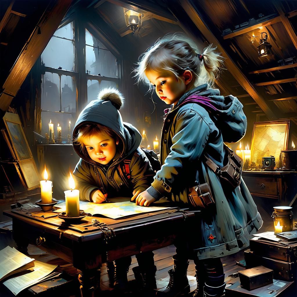 Toddler Siblings' Spooky Attic Adventure Painting