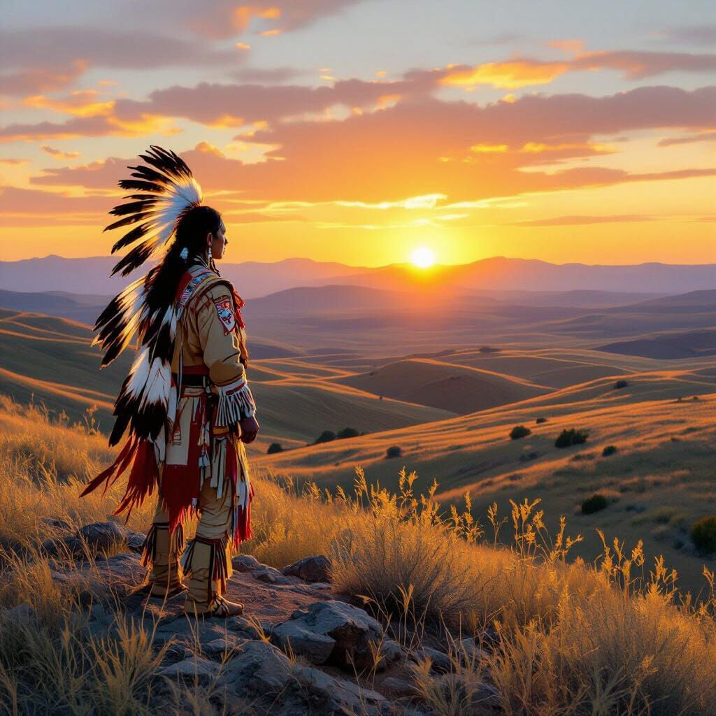 Native American Warrior at Sunset in Impressionist Style