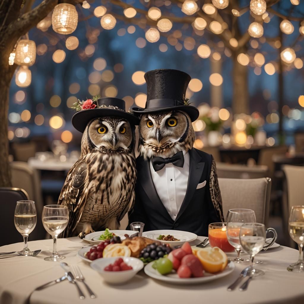Anthropomorphic Owls on a Romantic Dinner Date