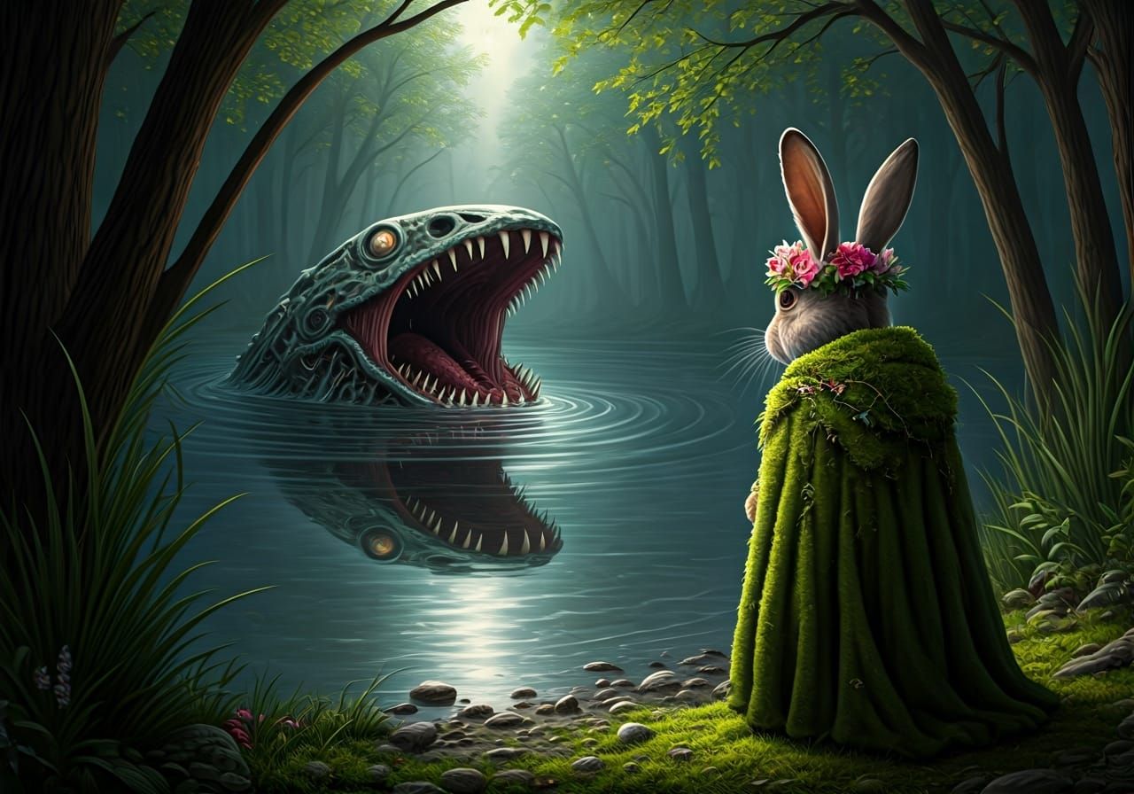 Rabbit Discovering a Sea Monster Reflection