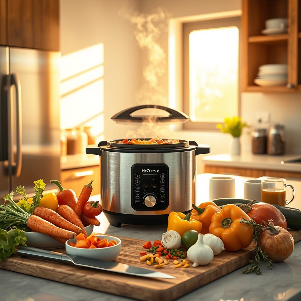 Sleek Modern Kitchen Scene with HyCooker and Fresh Vegetable...