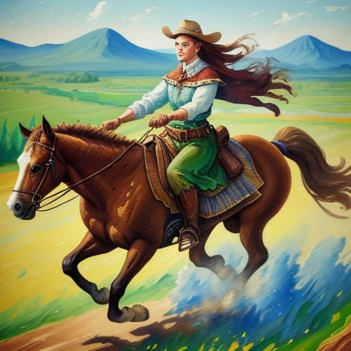 Girl on Buckskin Horse, Impressionist Gouache Painting