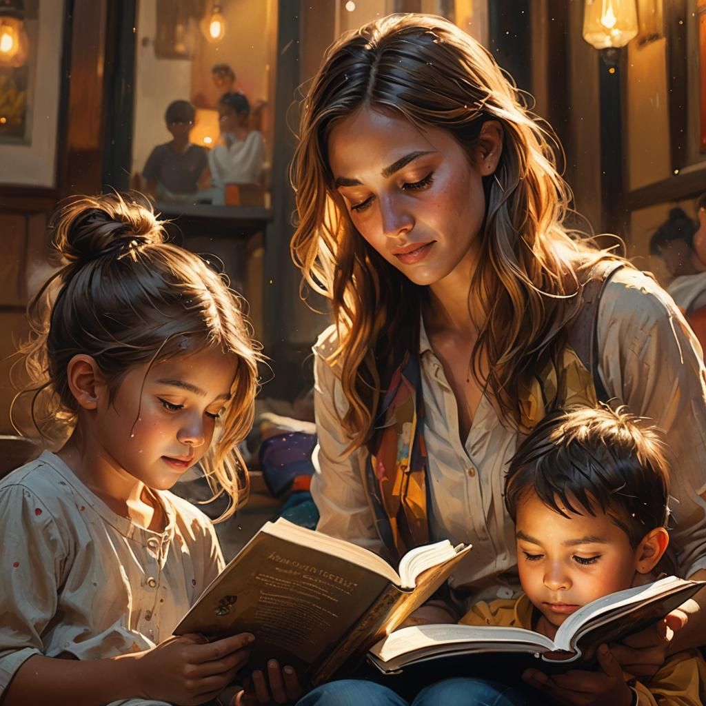 Golden Light Illuminates Woman Reading to Children